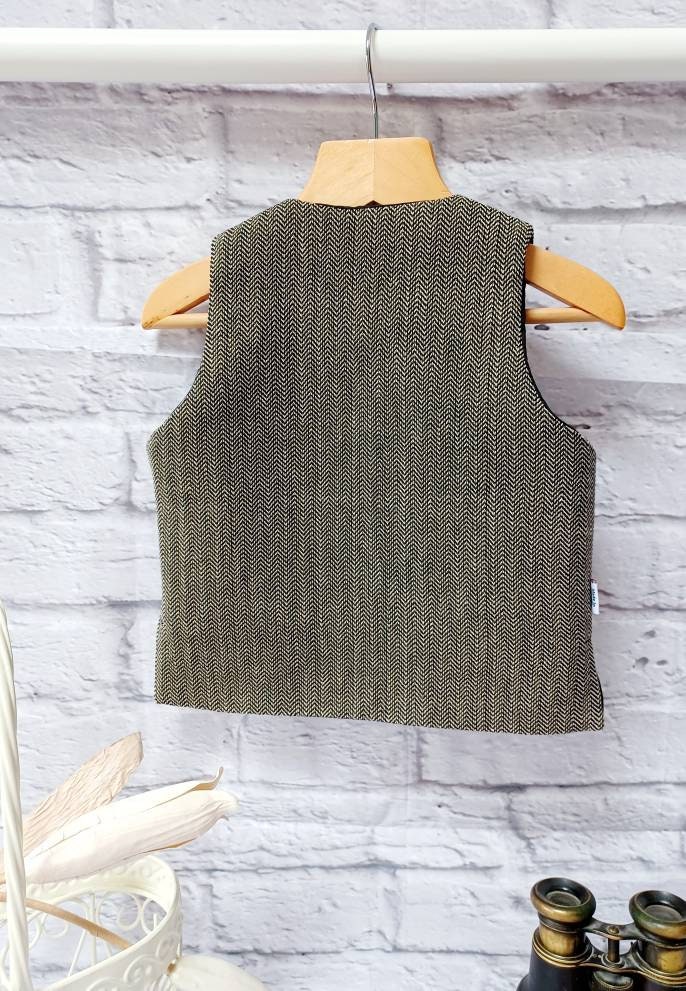 Boys " Billy "Black herringbone organic cotton waistcoat,baby herringbone waistcoat,pageboy waistcoat,ringbearer waistcoat,organic waistcoat