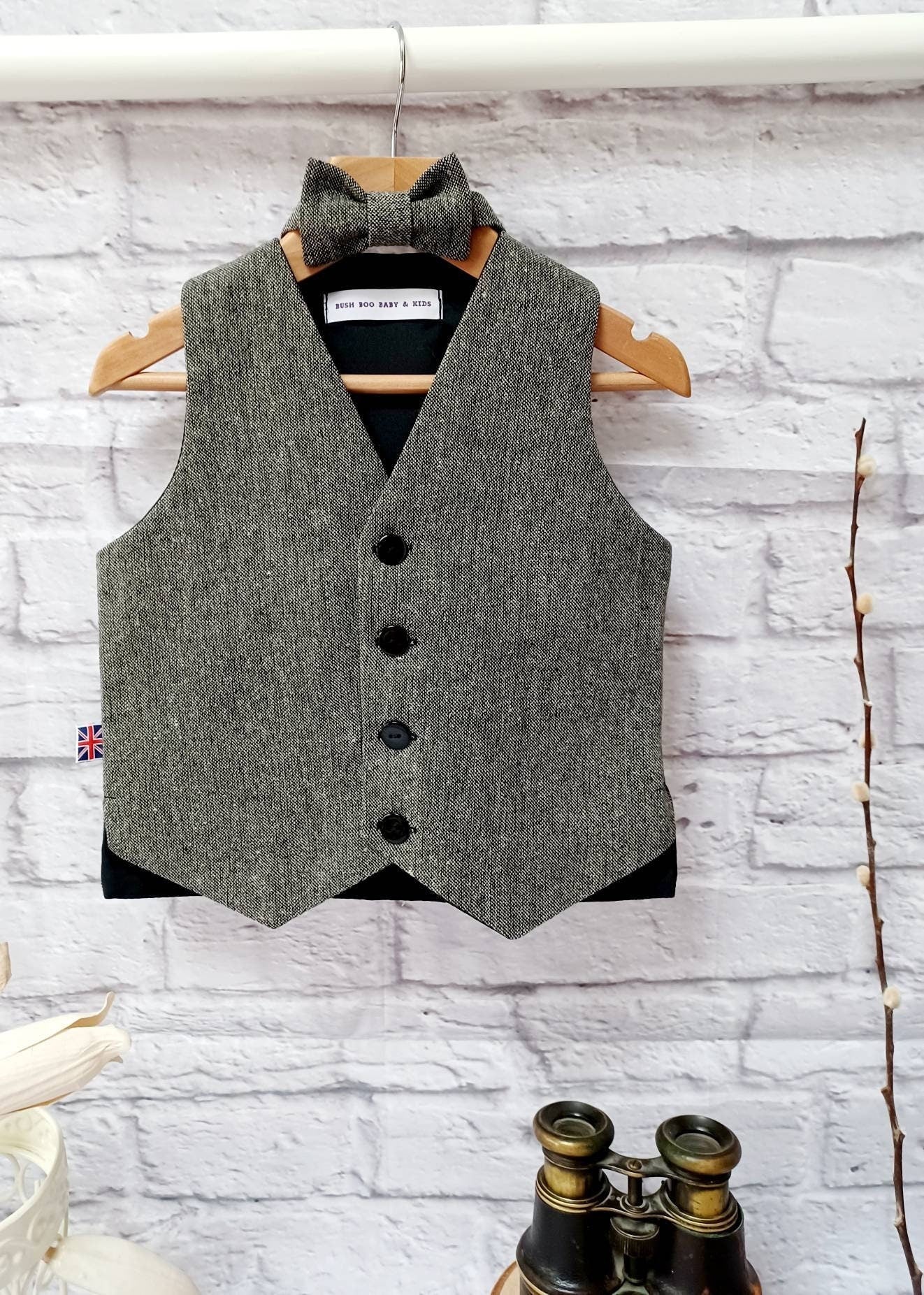 Boys " Tommy " Black/Grey Tweed Wool Waistcoat,baby monochrome tweed waistcoat,pageboy black waistcoat,black donnegal style tweed waistcoat