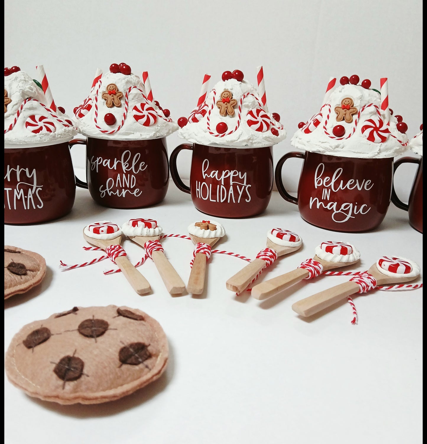 Christmas Kitchen Fake Props , Hot Cocoa Mugs , Milk Bottles , Felt Cookies & Cakepops - for use in photography