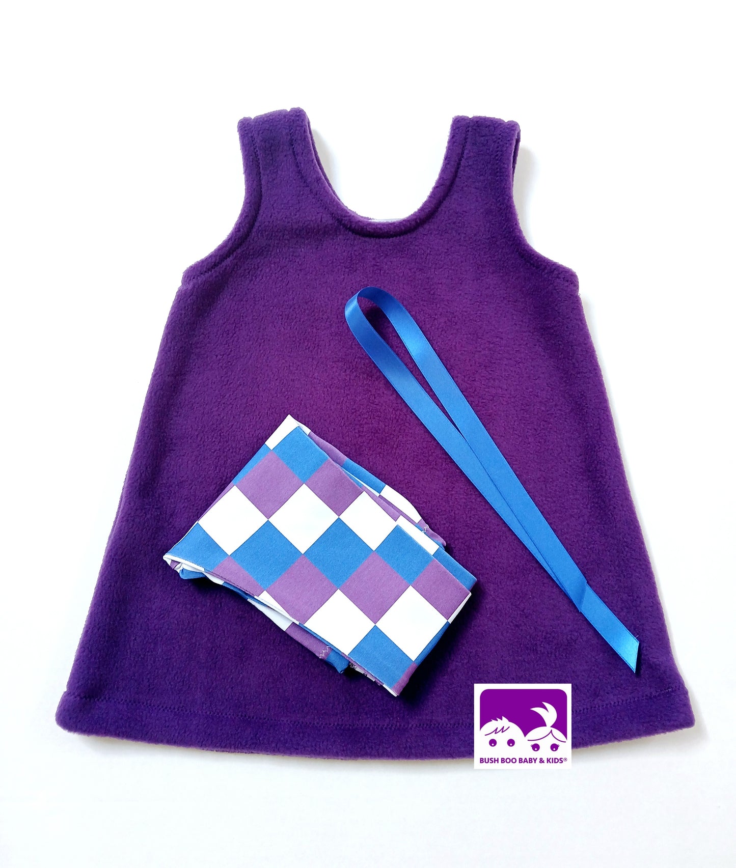 Girls Purple Pinafore Dress World Book Day costume Check Leggings Teaparty outfit Toddler Purple Dress Royal Blue Ribbon