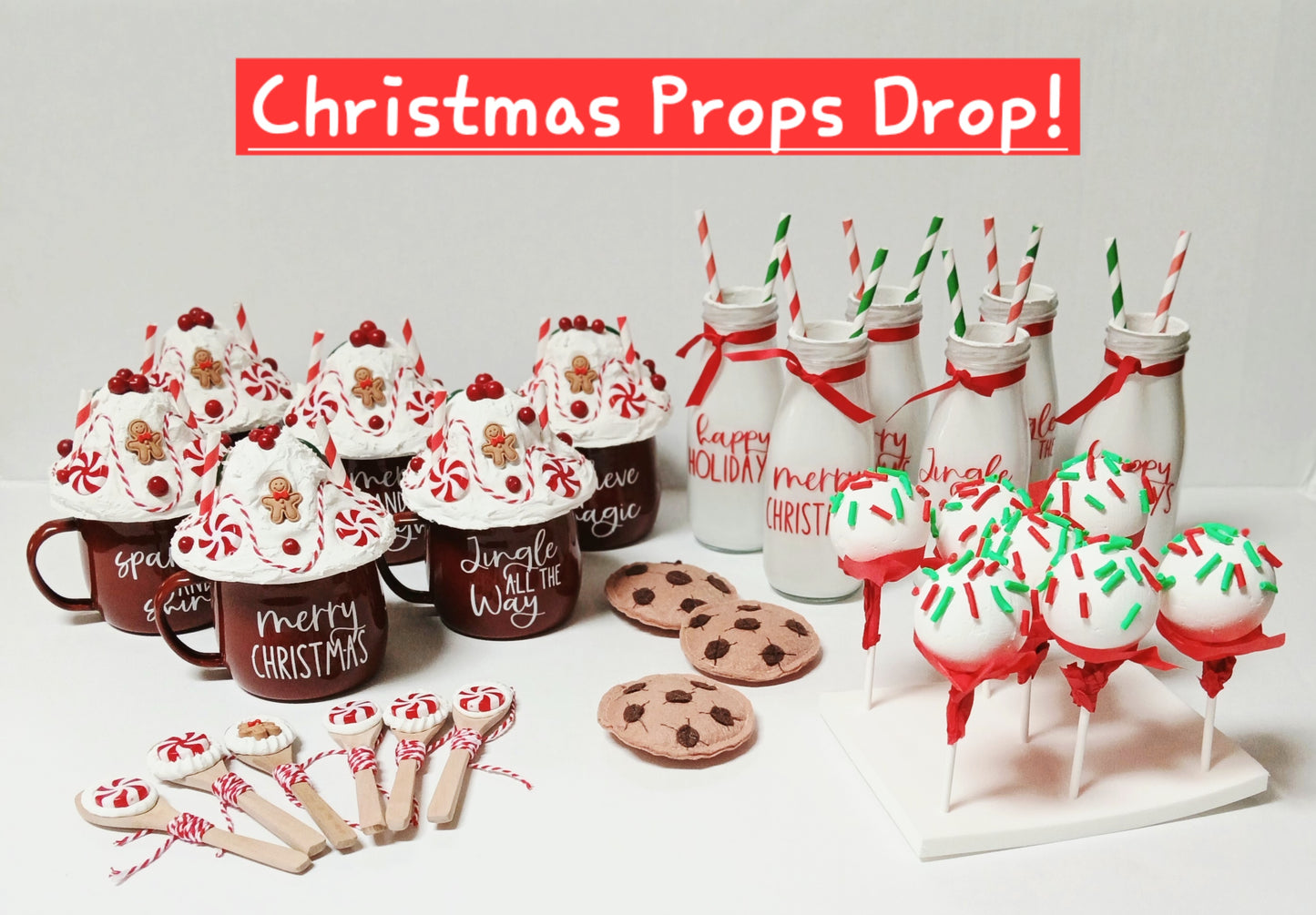 Christmas Kitchen Fake Props , Hot Cocoa Mugs , Milk Bottles , Felt Cookies & Cakepops - for use in photography