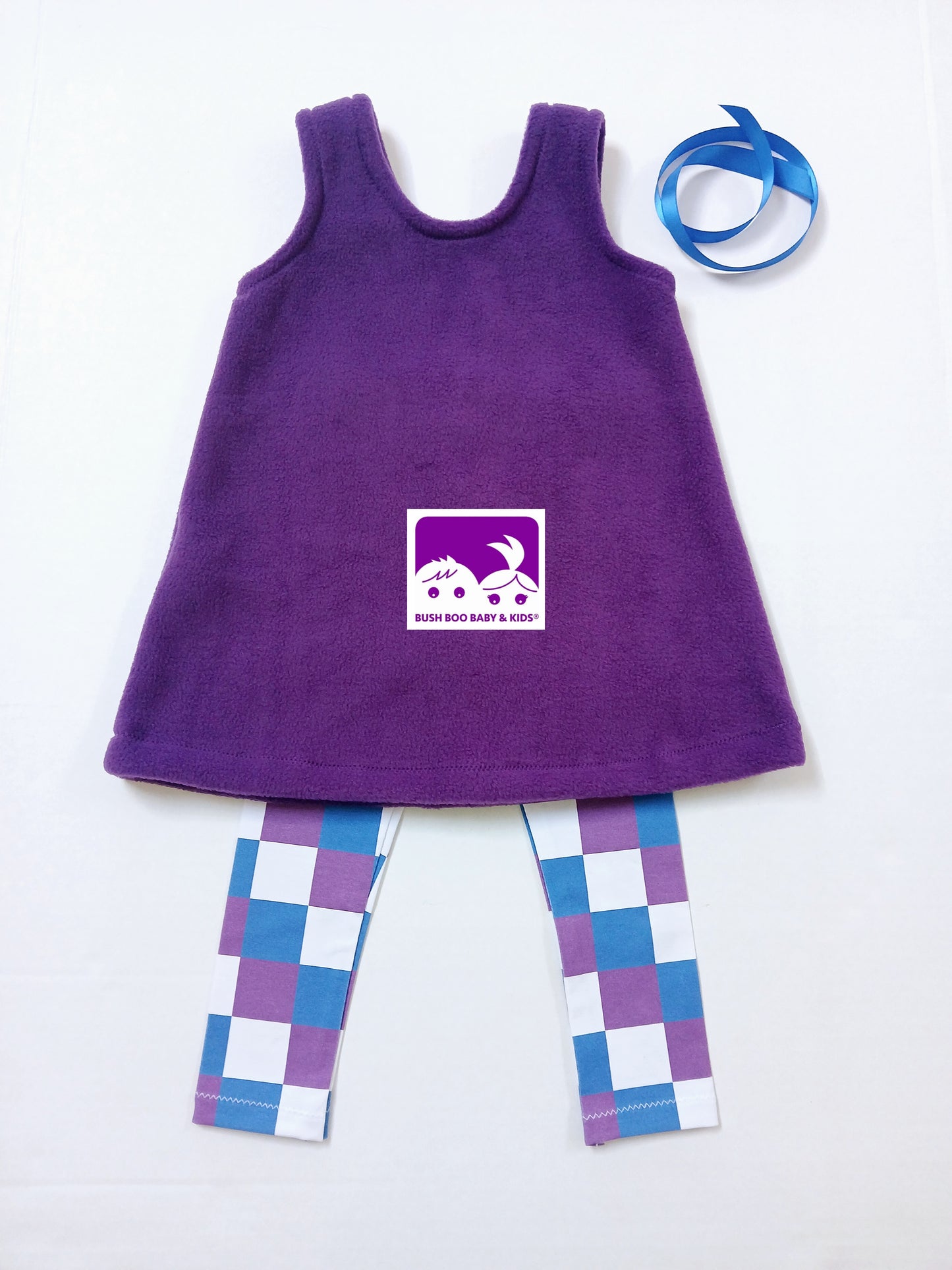 Girls Purple Pinafore Dress World Book Day costume Check Leggings Teaparty outfit Toddler Purple Dress Royal Blue Ribbon