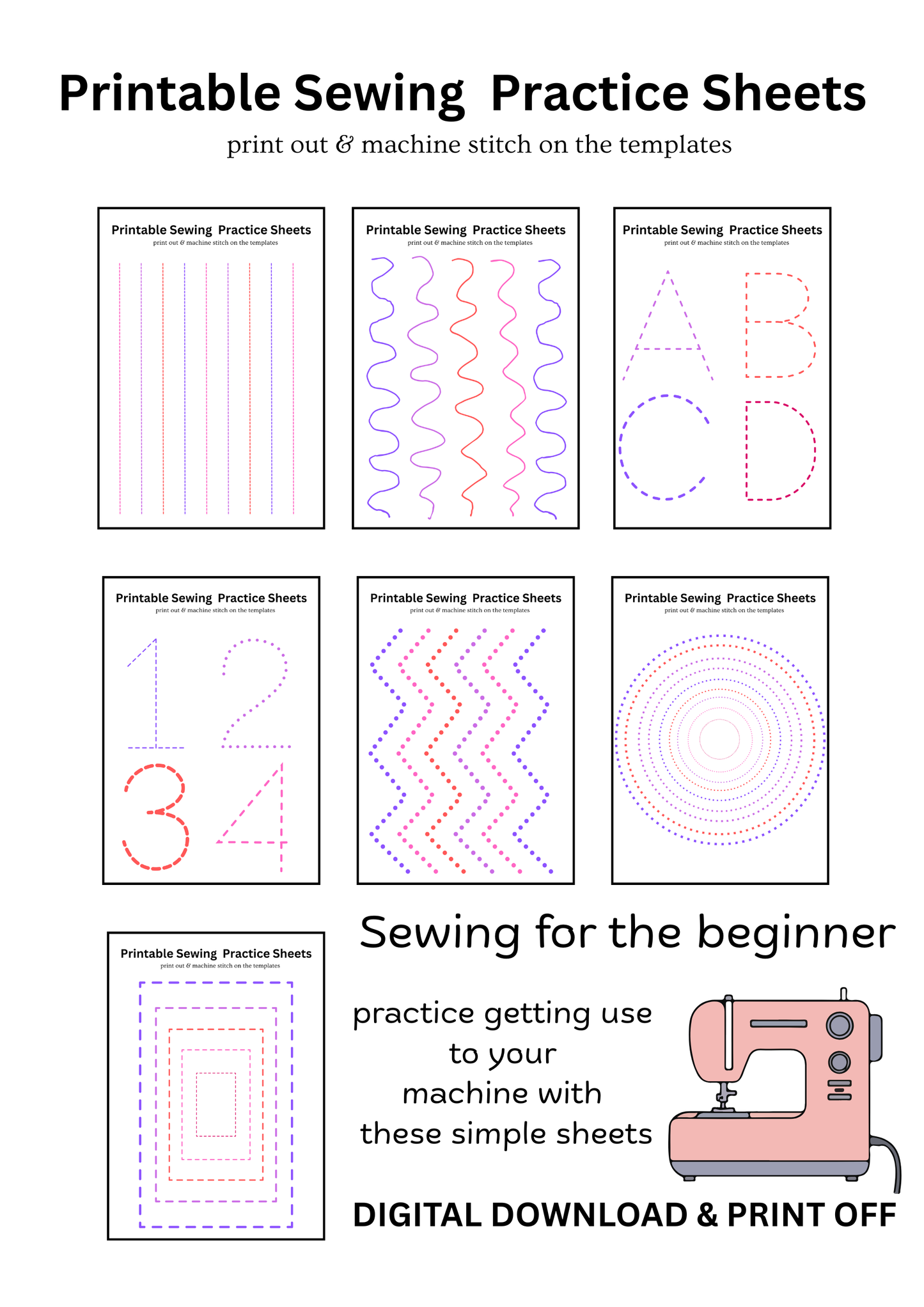 Sewing Practice Worksheets, Beginner Sewing Templates, A4 PDF (7 Pages)