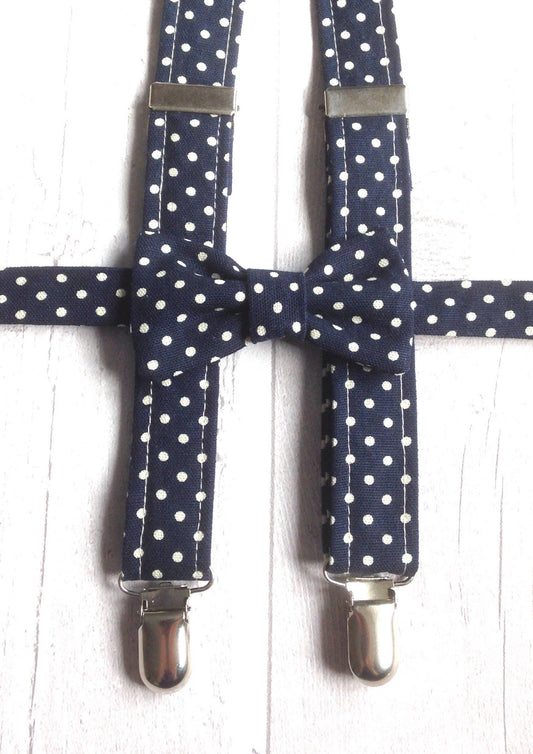 Boys Baby BowTie & Braces Set Wedding Accessories,Cotton Bowtie ,Baby Bowtie , Adjustable Suspenders ,Navy and Polka Dot Bowtie,photo prop