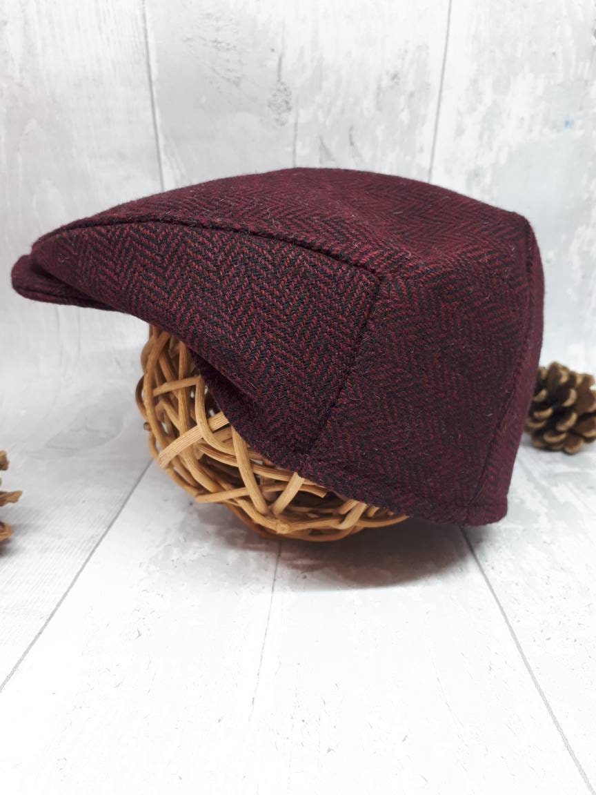 Baby Deep Red & Black Herringbone Tweed Wool Flat Cap, Flatcap, Newborn flat cap , BoysCap,Wine flatcap, Tweed equestrian Cap,photo prop