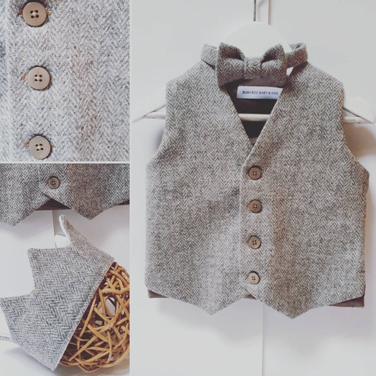 Boys Light Brown Taupe/Grey Herringbone Tweed Waistcoat, baby taupe tweed waistcoat,boys waistcoat ,wedding pageboy,age 12-24mths waistcoat