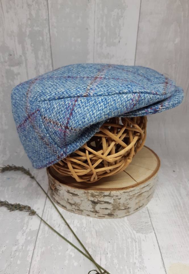 Baby Blue Check Tweed Wool Flat Cap,Blue check Flatcap, Newborn flat cap,Boys Flat Cap, ladies blue flatcap,equestrian Cap,photo prop