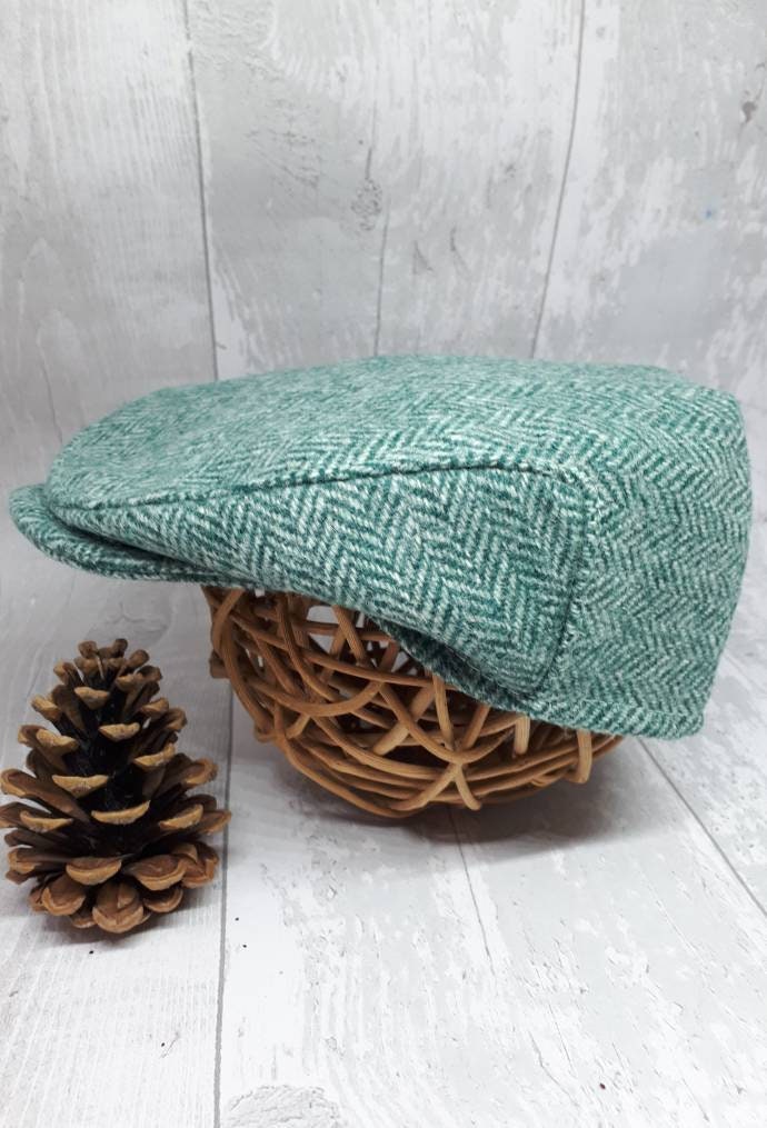 Baby Green Herringbone Tweed Wool Flat Cap baby Green Flatcap Green Newborn Flat Cap Boys Flat Cap Green equestrian flatcap baby flat Cap