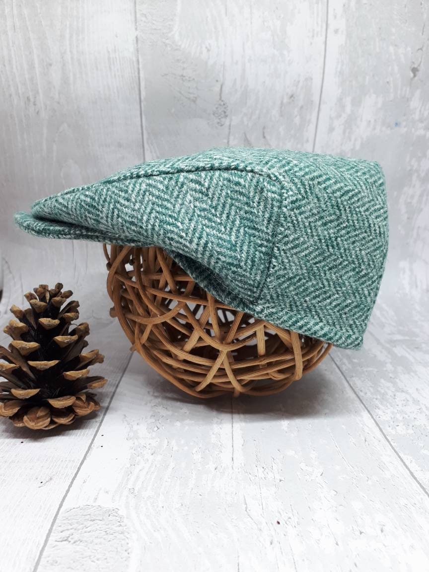 Baby Green Herringbone Tweed Wool Flat Cap baby Green Flatcap Green Newborn Flat Cap Boys Flat Cap Green equestrian flatcap baby flat Cap