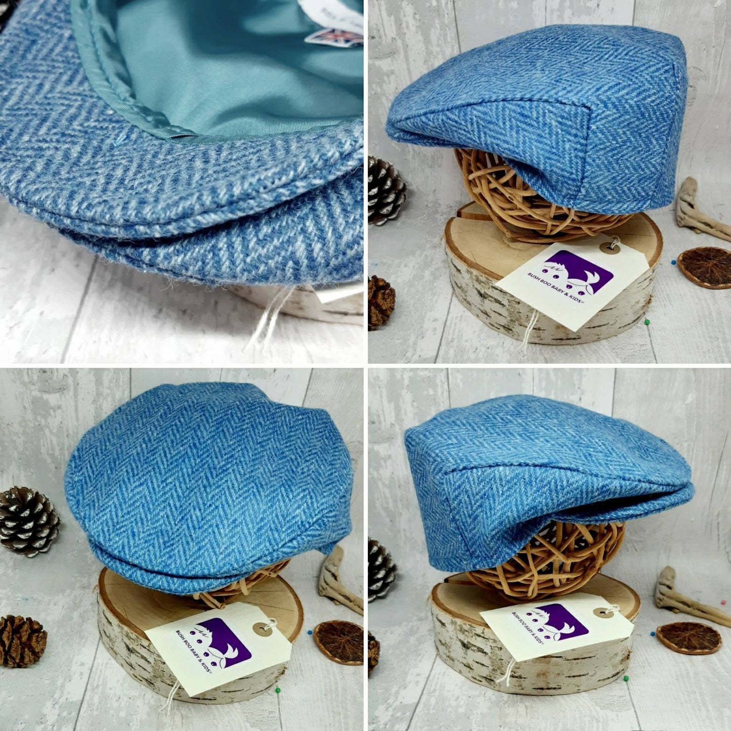 Baby Skyblue herringbone Tweed Wool Flat Cap Newborn flat cap Blue Herringbone Tweed equestrian flatcap baby flatcap photo prop cap