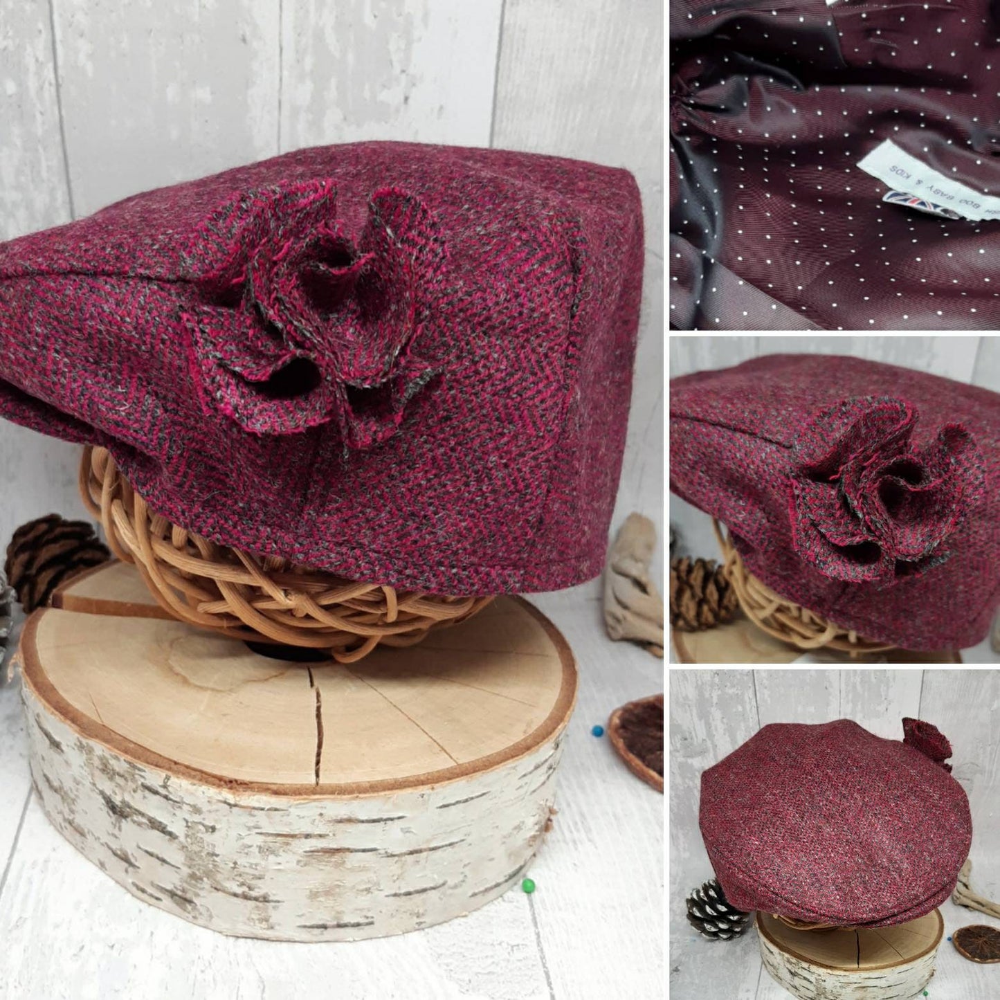 Baby Cherry Red Tweed Wool Flat Cap,Raspberry red Flatcap, Newborn flat cap,girls Flat Cap,equestrian flatcap,Farming Cap,photo prop