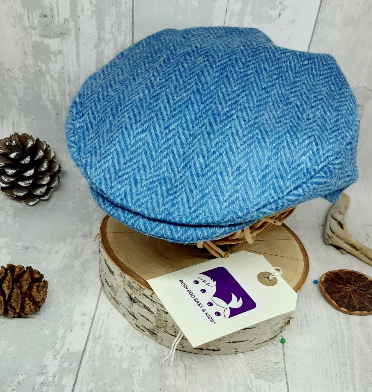 Baby Skyblue herringbone Tweed Wool Flat Cap Newborn flat cap Blue Herringbone Tweed equestrian flatcap baby flatcap photo prop cap