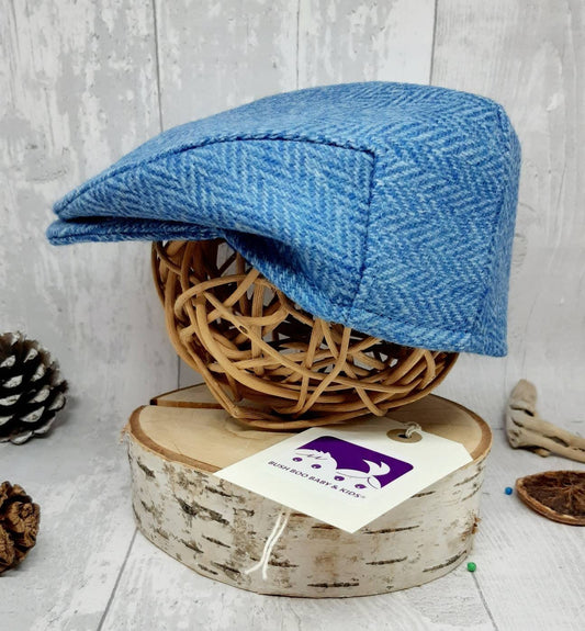 Baby Skyblue herringbone Tweed Wool Flat Cap Newborn flat cap Blue Herringbone Tweed equestrian flatcap baby flatcap photo prop cap