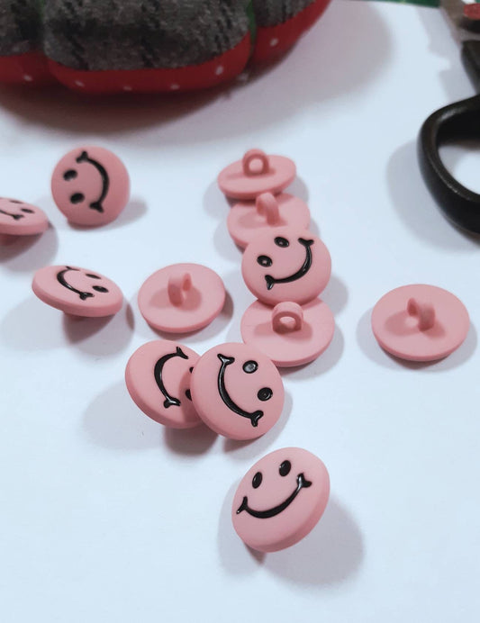 Smiley Face Buttons,pink smiley face buttons,pink shank buttons,novelty smiley buttons,15mm buttons,plastic buttons,impex smiley buttons x 8