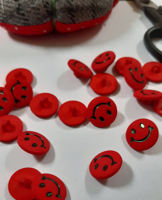 Smiley Face Buttons,red smiley face buttons,red shank buttons,novelty smiley buttons,15mm buttons,plastic buttons,impex smiley buttons x 8