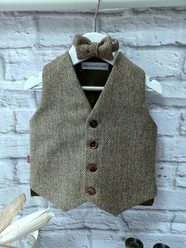 Boys "Arthur" Taupe Brown Herringbone Tweed Wool Waistcoat baby brown tweed waistcoat boys Occasionwear Pageboy taupe brown Tweed waistcoat