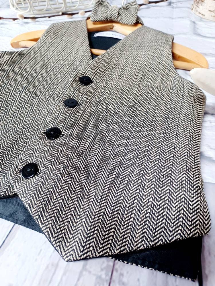 Boys " Billy "Black herringbone organic cotton waistcoat,baby herringbone waistcoat,pageboy waistcoat,ringbearer waistcoat,organic waistcoat