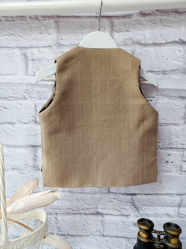 Boys " Joe " Brown herringbone organic cotton waistcoat,baby herringbone waistcoat,pageboy waistcoat, ringbearer waistcoat,organic waistcoat