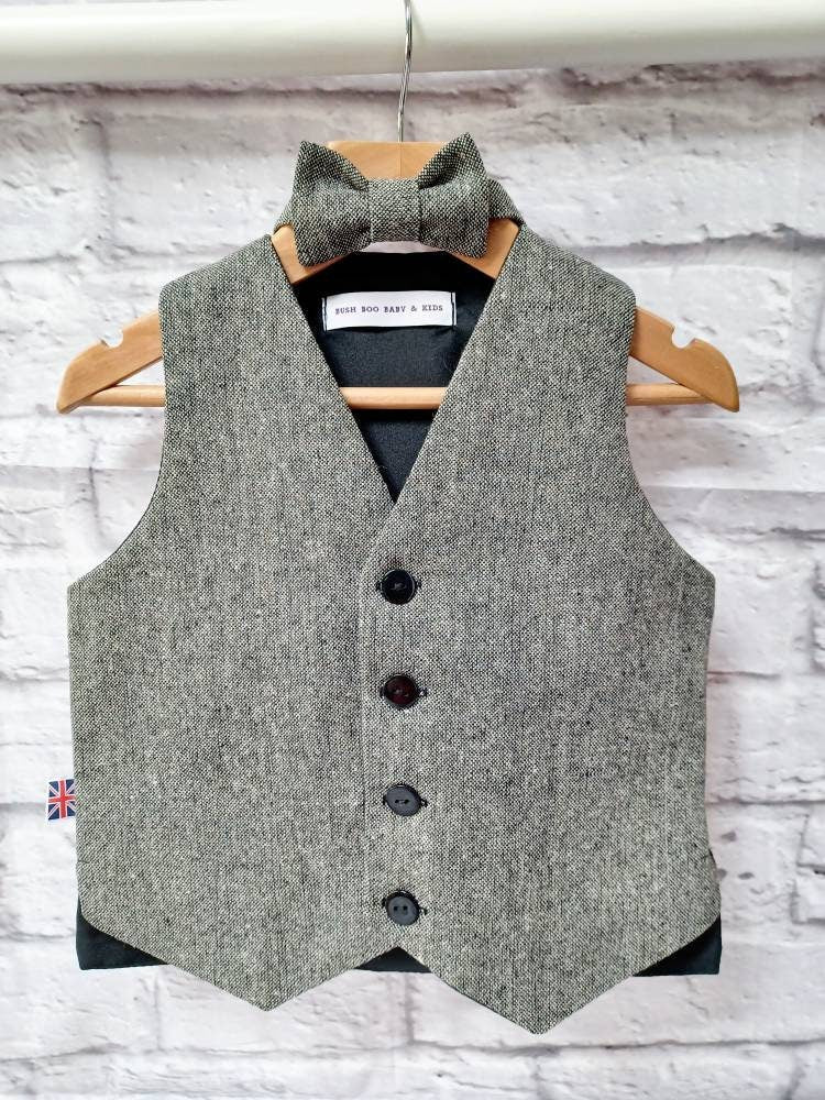 Boys " Tommy " Black/Grey Tweed Wool Waistcoat,baby monochrome tweed waistcoat,pageboy black waistcoat,black donnegal style tweed waistcoat