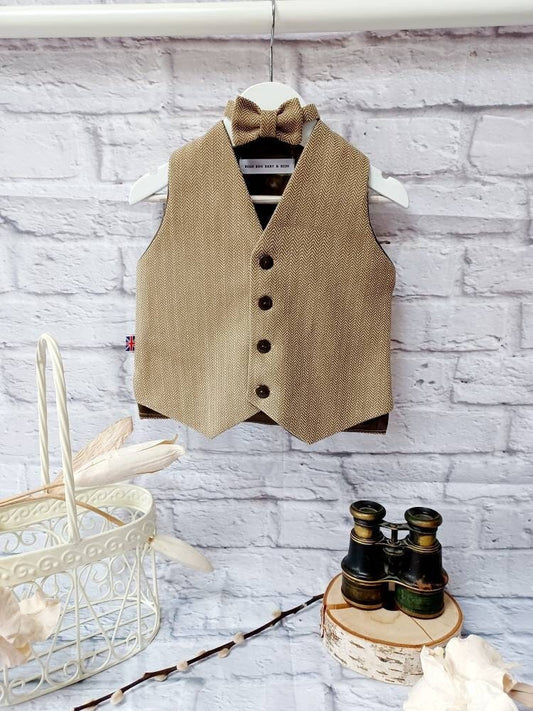 Boys " Joe " Brown herringbone organic cotton waistcoat,baby herringbone waistcoat,pageboy waistcoat, ringbearer waistcoat,organic waistcoat