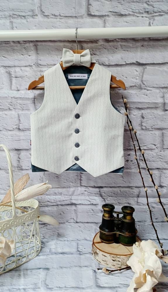 Boys "Bugsy "White & Grey Pinstripe Waistcoat, baby pinstripe waistcoat,pageboy waistcoat, ringbearer waistcoat,white pinstripe waistcoat