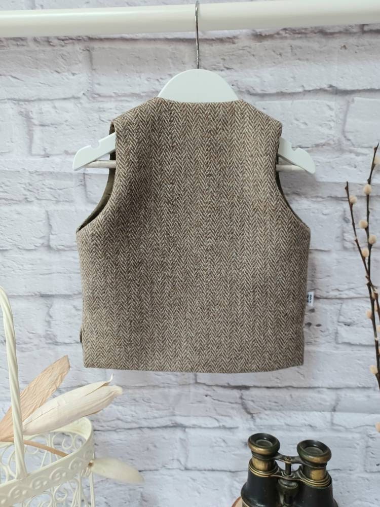 Boys "Arthur" Taupe Brown Herringbone Tweed Wool Waistcoat baby brown tweed waistcoat boys Occasionwear Pageboy taupe brown Tweed waistcoat