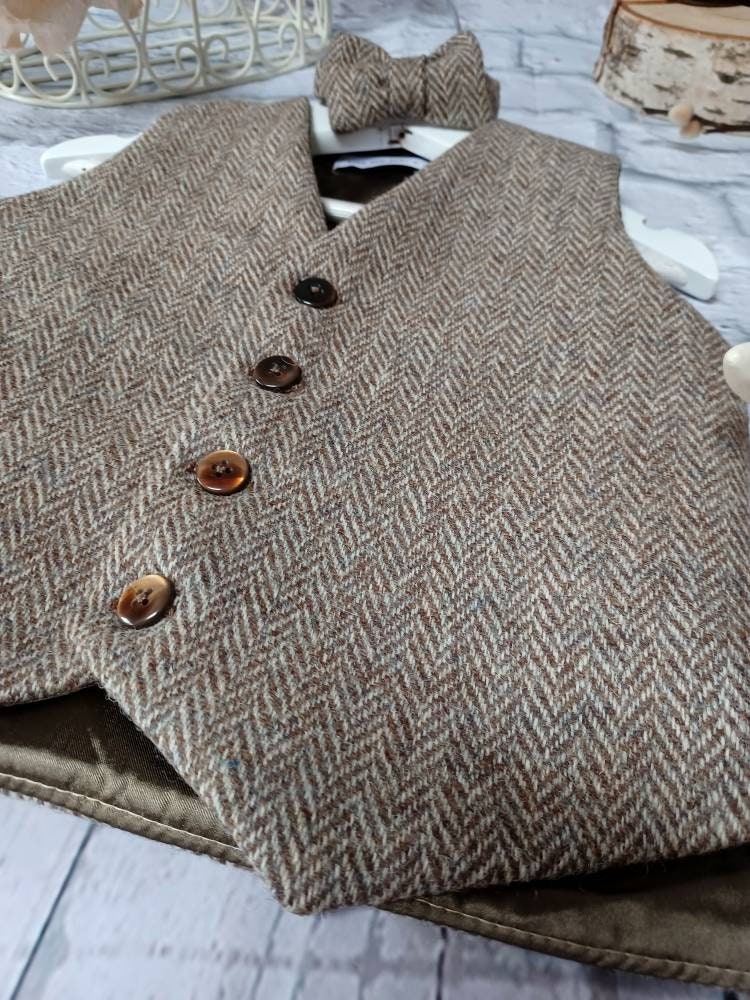 Boys "Arthur" Taupe Brown Herringbone Tweed Wool Waistcoat baby brown tweed waistcoat boys Occasionwear Pageboy taupe brown Tweed waistcoat