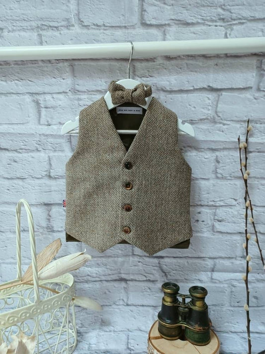 Boys "Arthur" Taupe Brown Herringbone Tweed Wool Waistcoat baby brown tweed waistcoat boys Occasionwear Pageboy taupe brown Tweed waistcoat