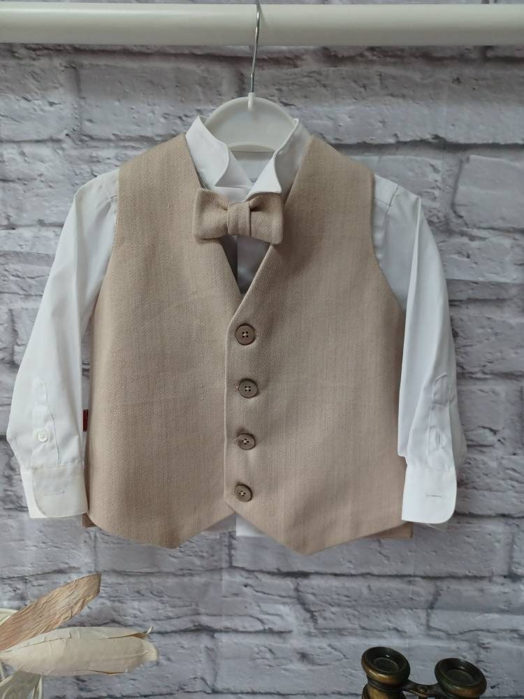 Boys "Alfie " Beige Organic Cotton Waistcoat,baby beige waistcoat,pageboy waistcoat,ringbearer waistcoat,organic cotton beige 12-24 months