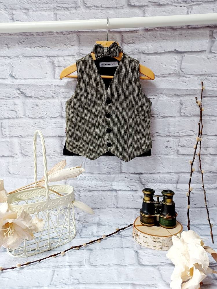 Boys " Billy "Black herringbone organic cotton waistcoat,baby herringbone waistcoat,pageboy waistcoat,ringbearer waistcoat,organic waistcoat