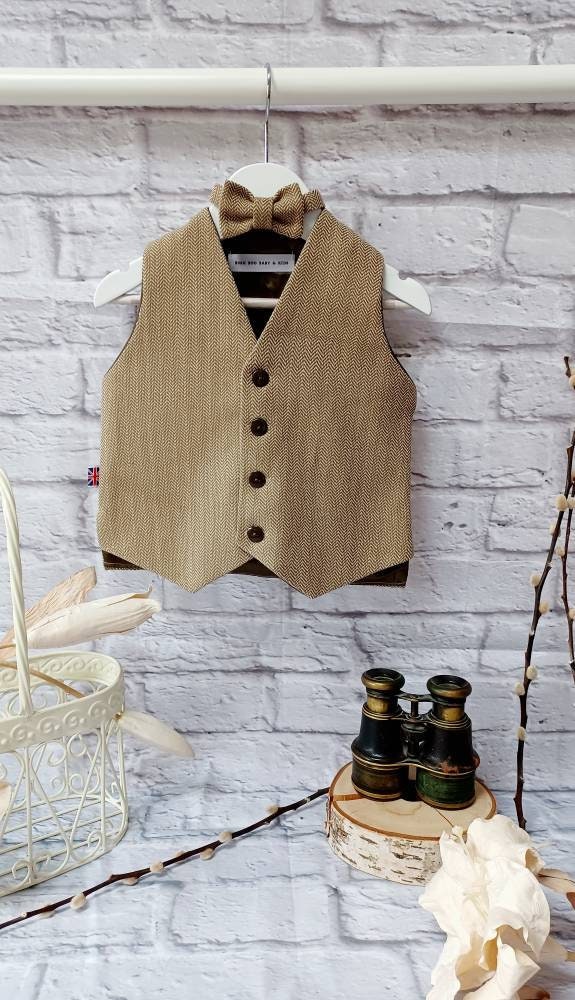 Boys " Joe " Brown herringbone organic cotton waistcoat,baby herringbone waistcoat,pageboy waistcoat, ringbearer waistcoat,organic waistcoat