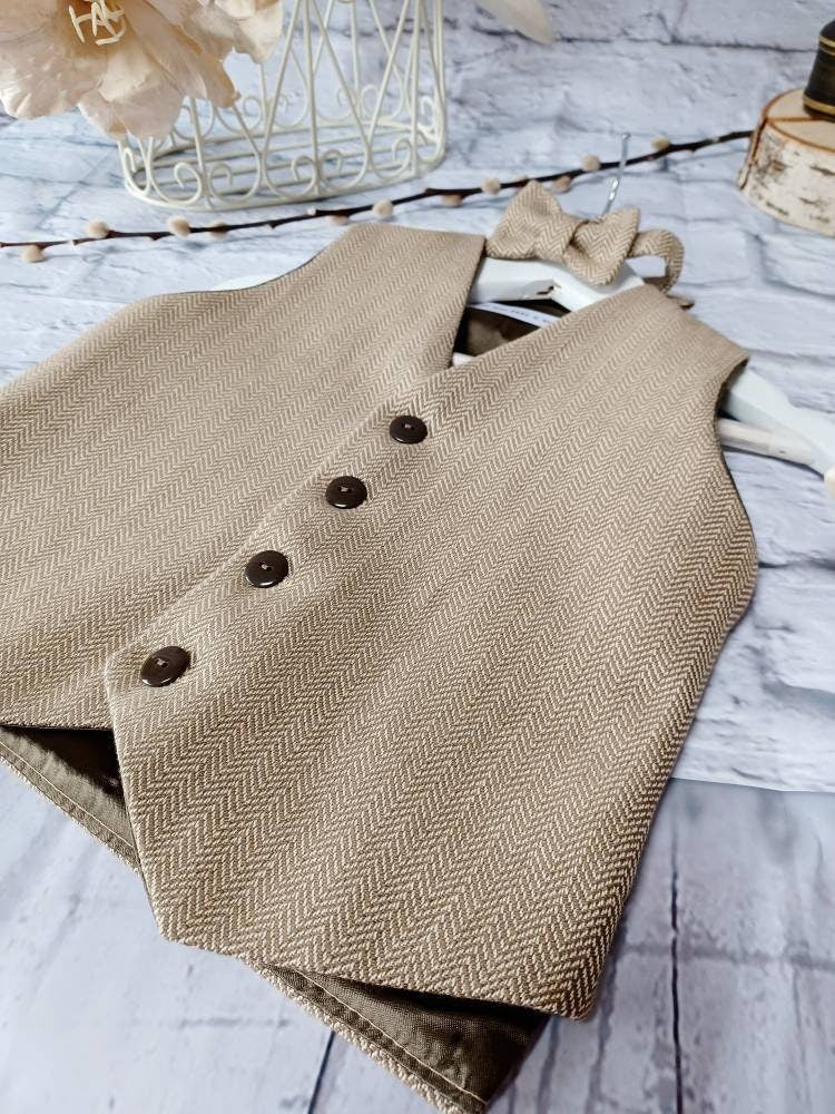 Boys " Joe " Brown herringbone organic cotton waistcoat,baby herringbone waistcoat,pageboy waistcoat, ringbearer waistcoat,organic waistcoat