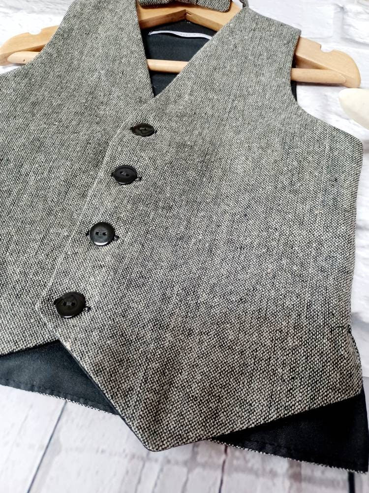 Boys " Tommy " Black/Grey Tweed Wool Waistcoat,baby monochrome tweed waistcoat,pageboy black waistcoat,black donnegal style tweed waistcoat
