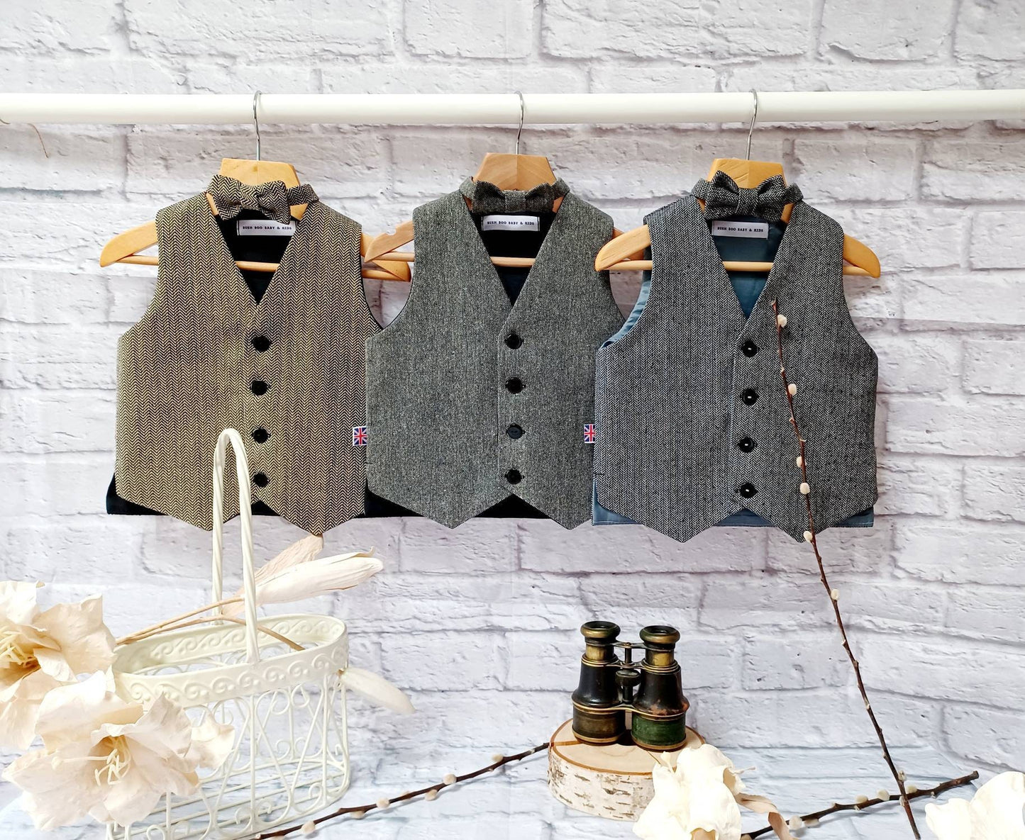 Boys " Jack " Black mini herringbone tweed Wool Waistcoat,baby tweed waistcoat, Pageboy waistcoat,black herringbone tweed waistcoat