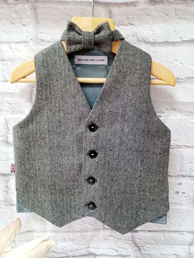 Boys " Jack " Black mini herringbone tweed Wool Waistcoat,baby tweed waistcoat, Pageboy waistcoat,black herringbone tweed waistcoat