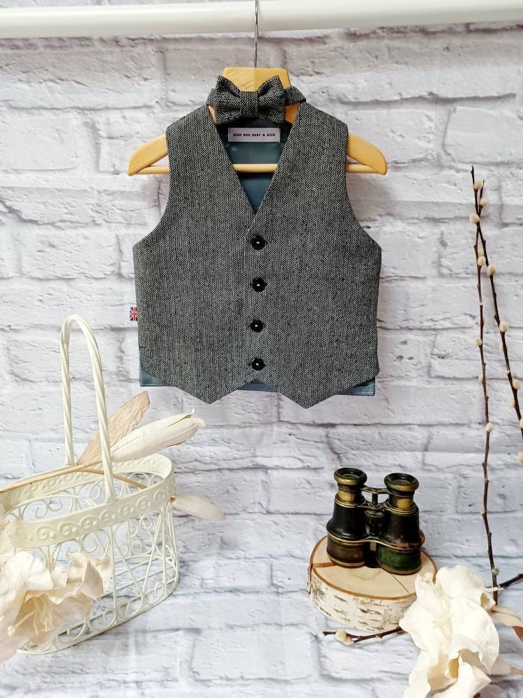 Boys " Jack " Black mini herringbone tweed Wool Waistcoat,baby tweed waistcoat, Pageboy waistcoat,black herringbone tweed waistcoat