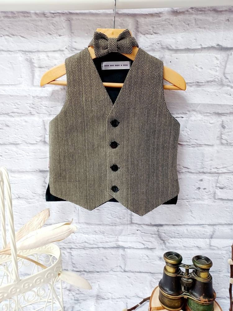 Boys " Billy "Black herringbone organic cotton waistcoat,baby herringbone waistcoat,pageboy waistcoat,ringbearer waistcoat,organic waistcoat