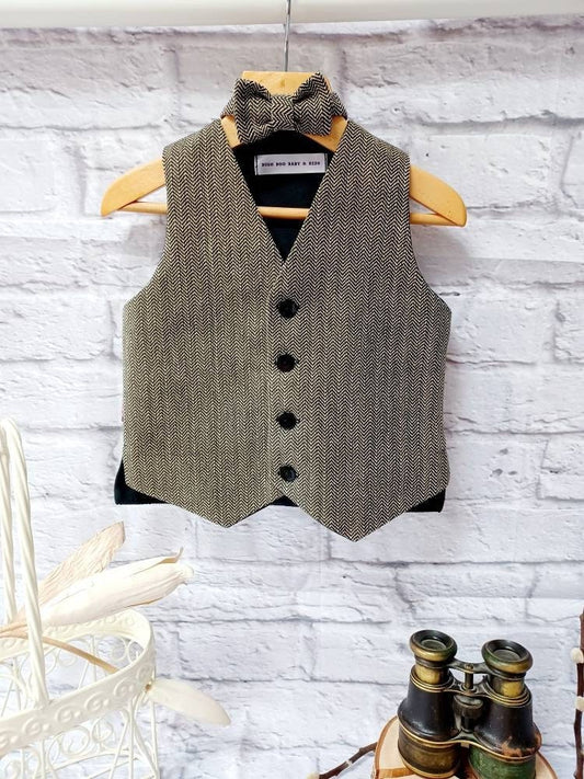 Boys " Billy "Black herringbone organic cotton waistcoat,baby herringbone waistcoat,pageboy waistcoat,ringbearer waistcoat,organic waistcoat