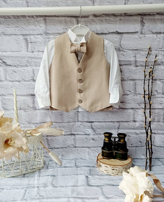 Boys "Alfie " Beige Organic Cotton Waistcoat,baby beige waistcoat,pageboy waistcoat,ringbearer waistcoat,organic cotton beige 12-24 months