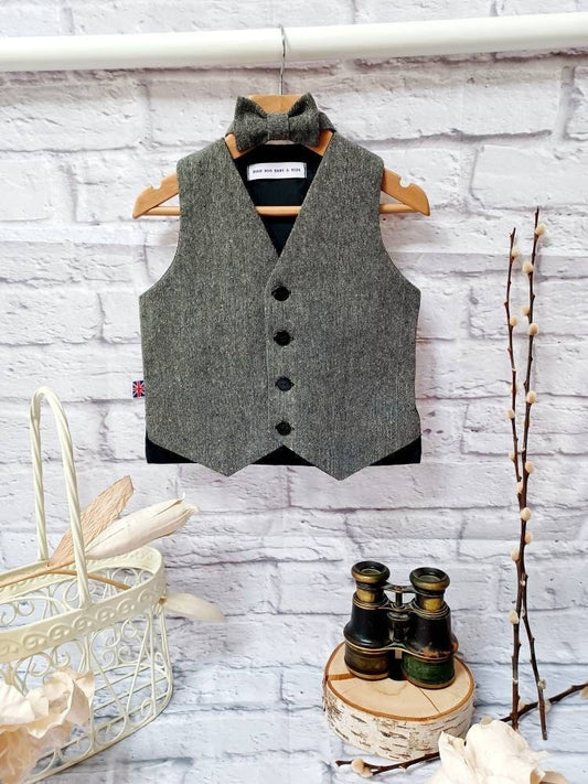 Boys " Tommy " Black/Grey Tweed Wool Waistcoat,baby monochrome tweed waistcoat,pageboy black waistcoat,black donnegal style tweed waistcoat