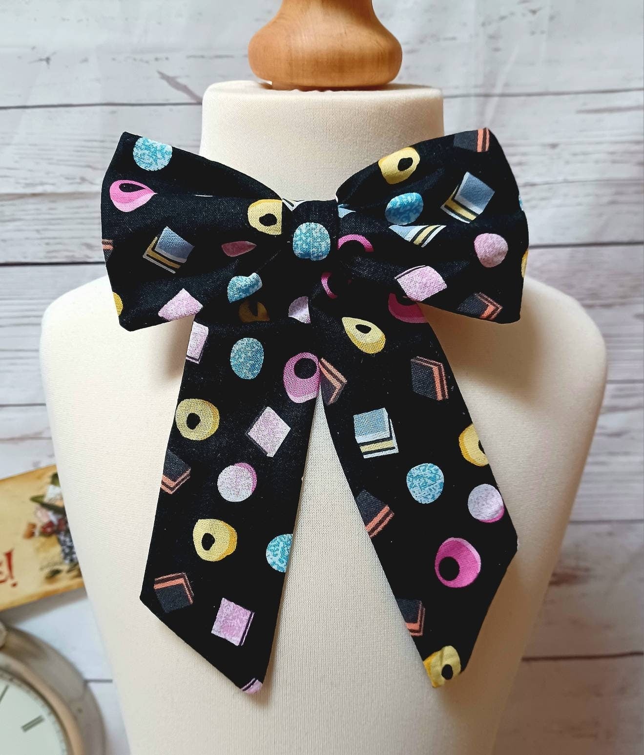 Liquorice Allsorts bowtie Sweets bow tie oversized candy bow tie World book day Bowtie teaparty bowtie black sweets bowtie pre tied bowtie