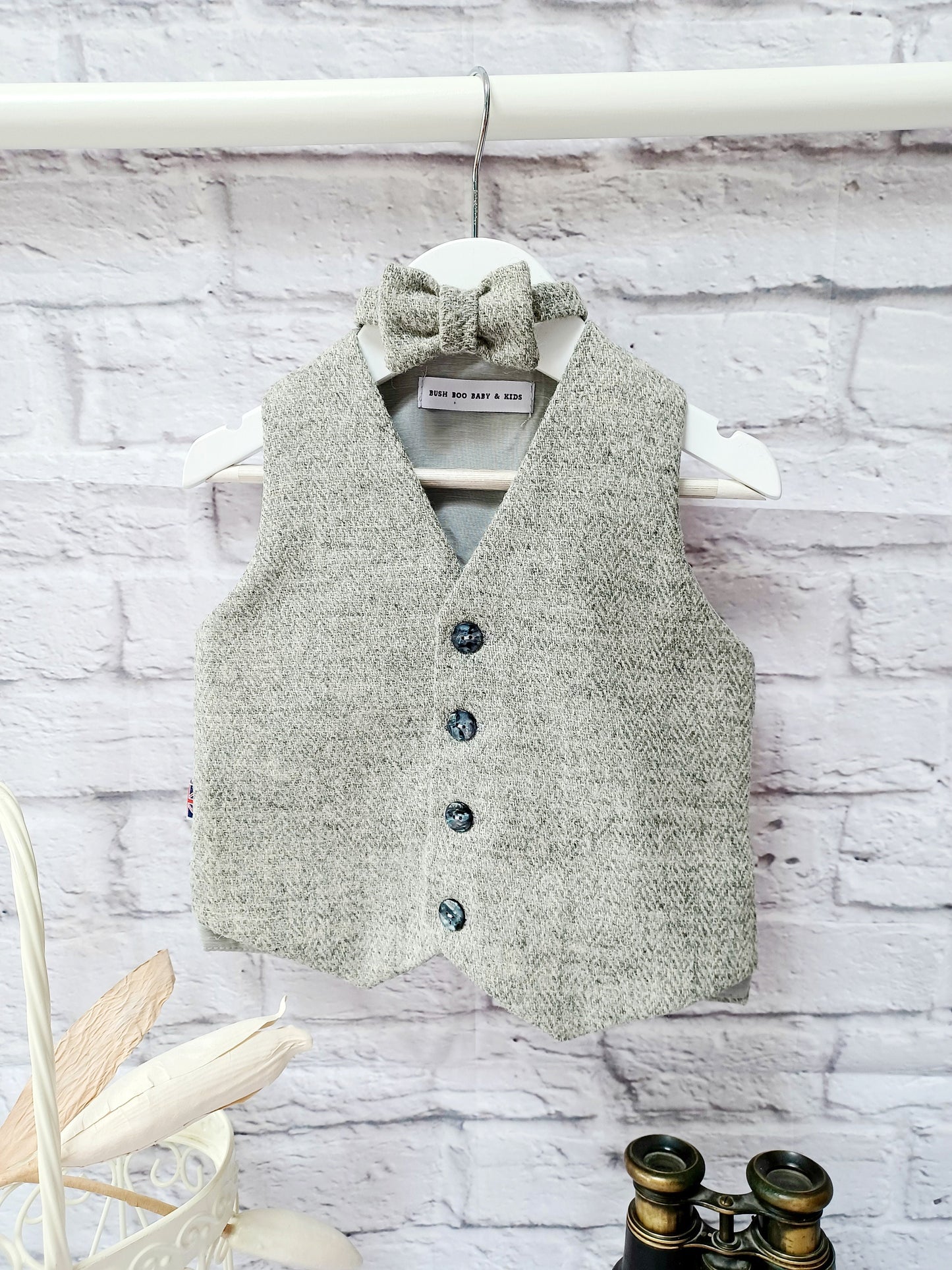 Boys "Harry" Light Grey Herringbone Tweed Wool Waistcoat,baby grey tweed waistcoat,boys Occasionwear, Pageboy,light grey Tweed waistcoat