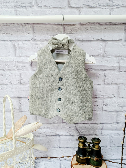 Boys "Harry" Light Grey Herringbone Tweed Wool Waistcoat,baby grey tweed waistcoat,boys Occasionwear, Pageboy,light grey Tweed waistcoat