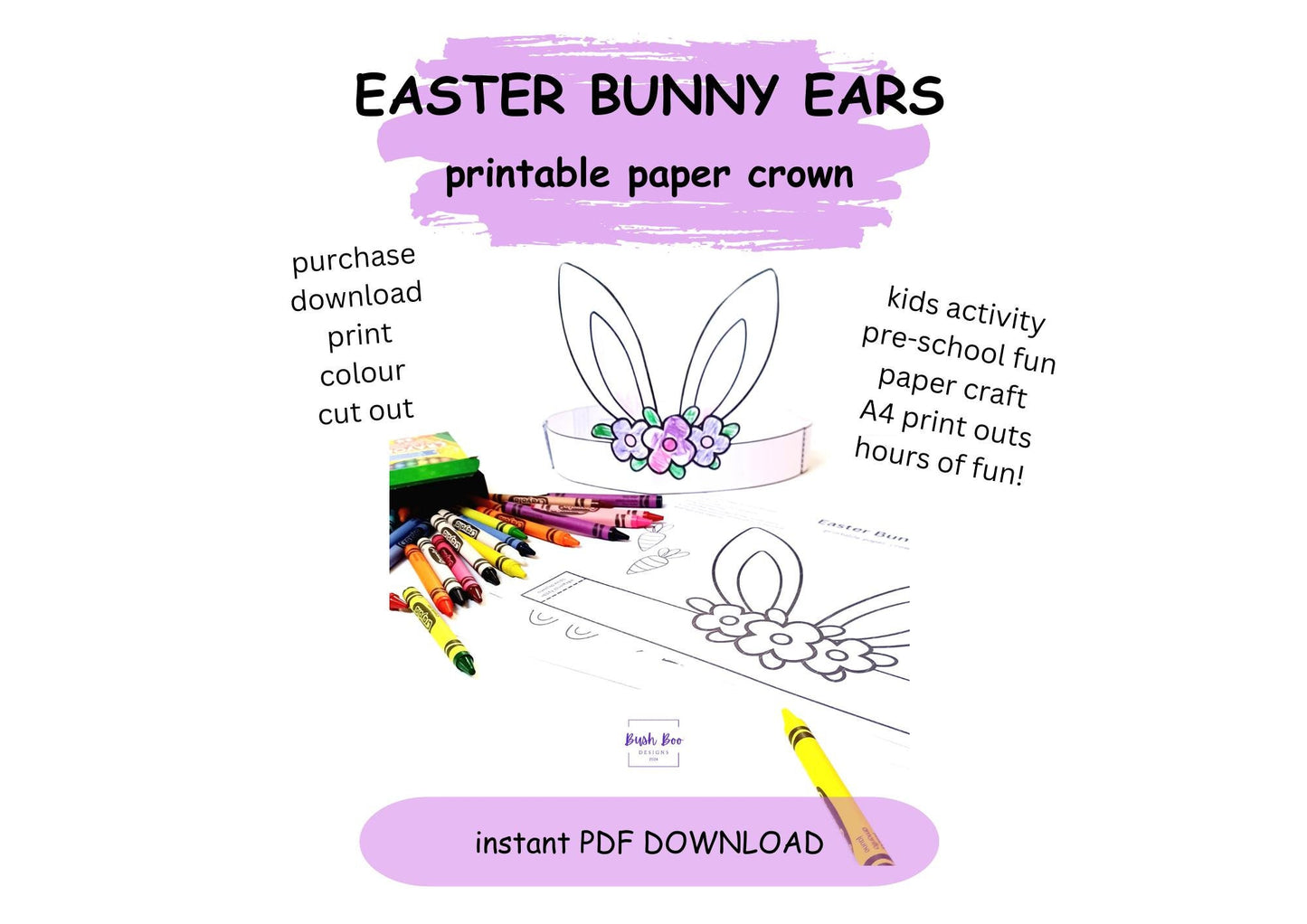 Easter Bunny Ears Crown Template Easter bunny headband Coloring Printable Kids Craft DIY Party Crown Paper Craft INSTANT PDF download