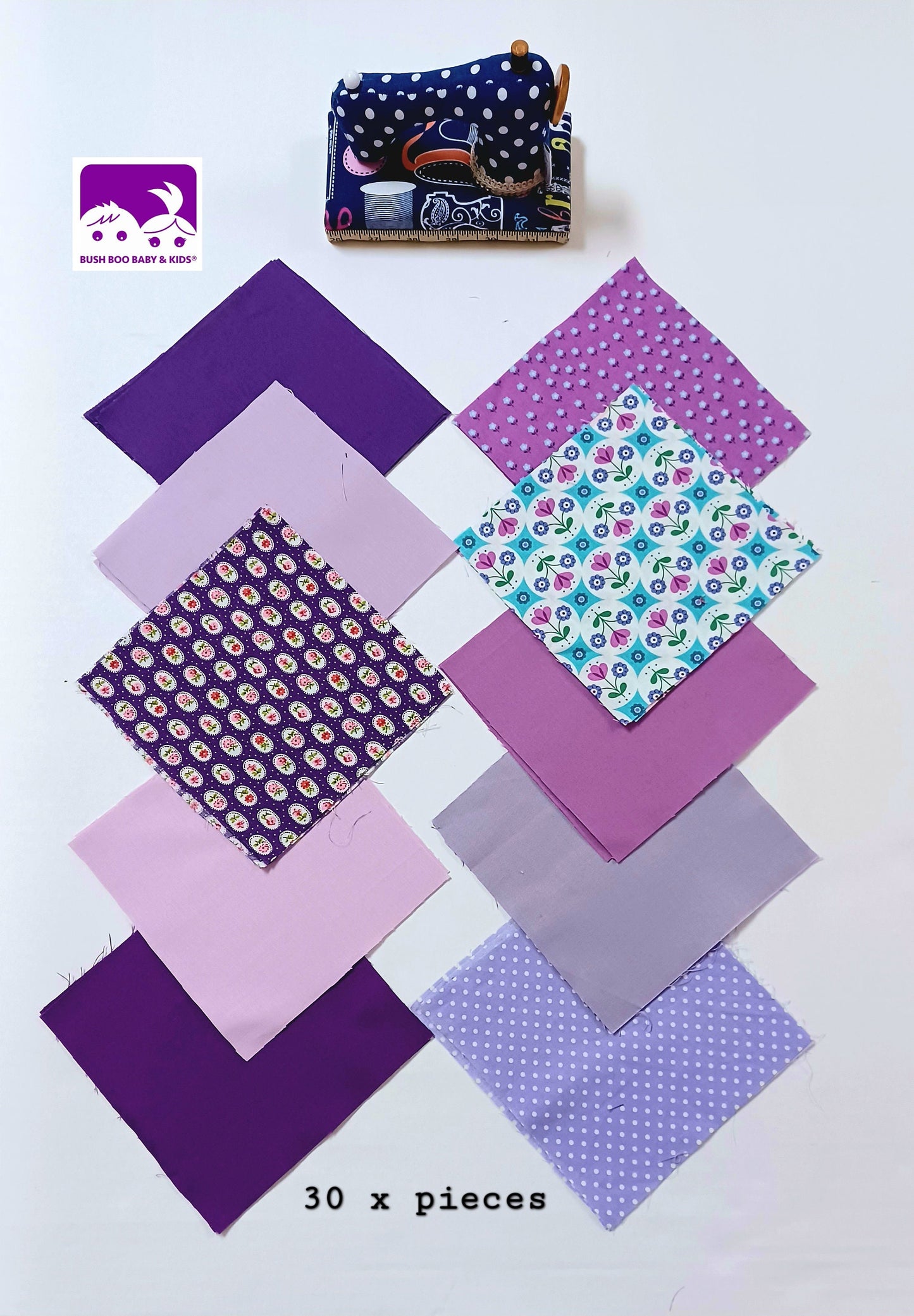 Patchwork Cotton Squares Bundle Fabric Squares Fabric Remnants Arts Crafts Collage Quilting Mixed Media 30 x Pieces 6 inch Purple Lilac