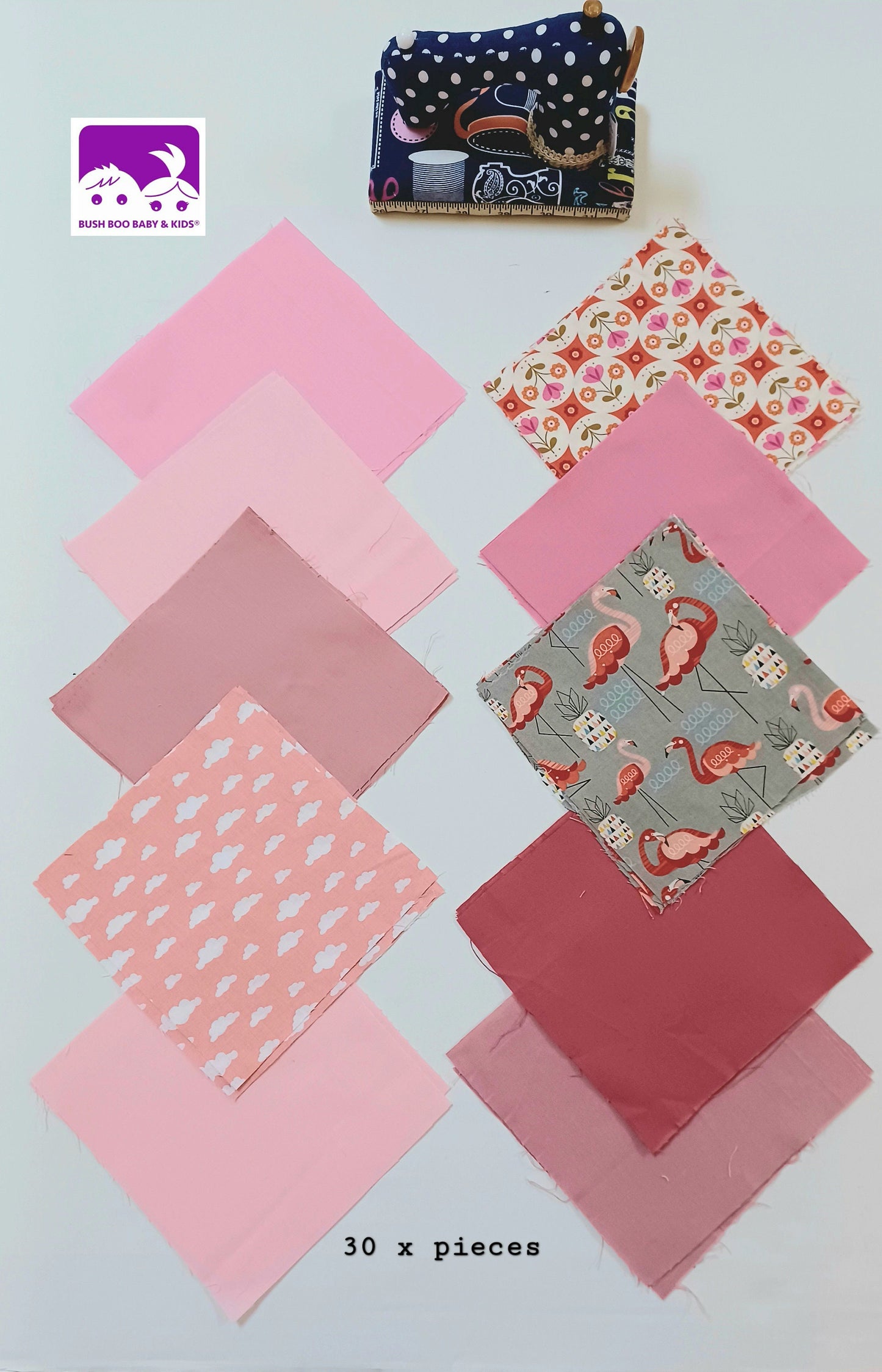 Patchwork Cotton Squares Bundle Fabric Squares Fabric Remnants Arts Crafts Collage Quilting Mixed Media 30 x Pieces 6 inch Pink Flamingo