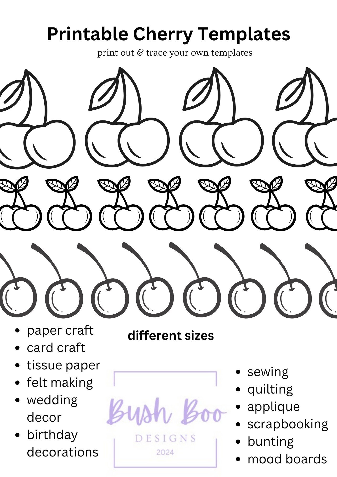 Cherry templates for coquette 4 page cherries templates paper craft project INSTANT PDF download coquette craft project kids craft activity