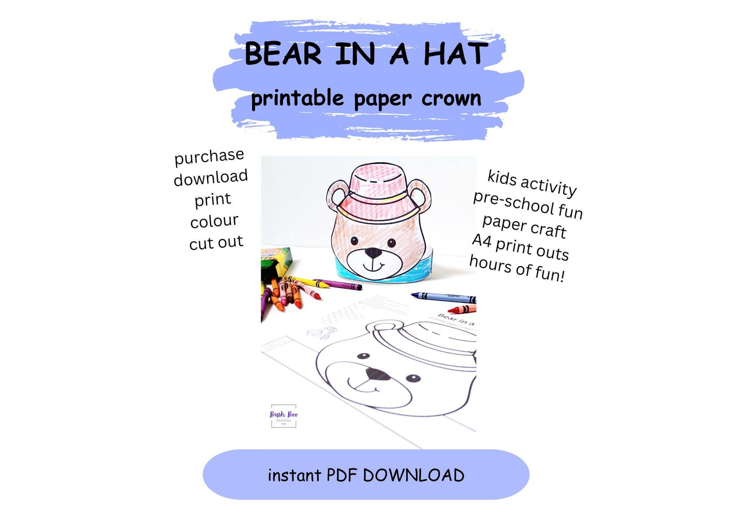 Bear in a Hat Crown Template Big bear headband Coloring Printable Kids Craft DIY Party Crown Paper Craft INSTANT PDF download