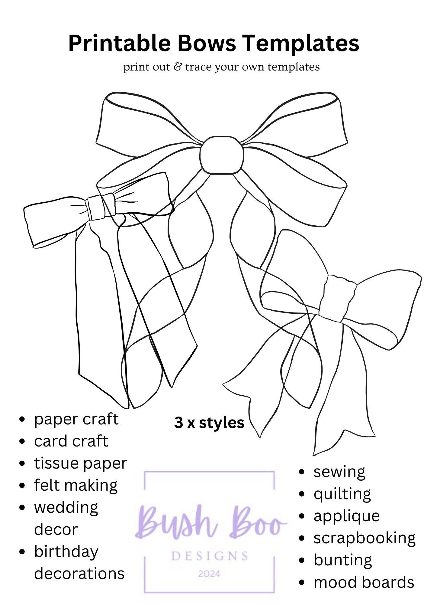 Bows templates for coquette 4 page bow templates paper craft project INSTANT PDF download coquette craft project kids craft activity