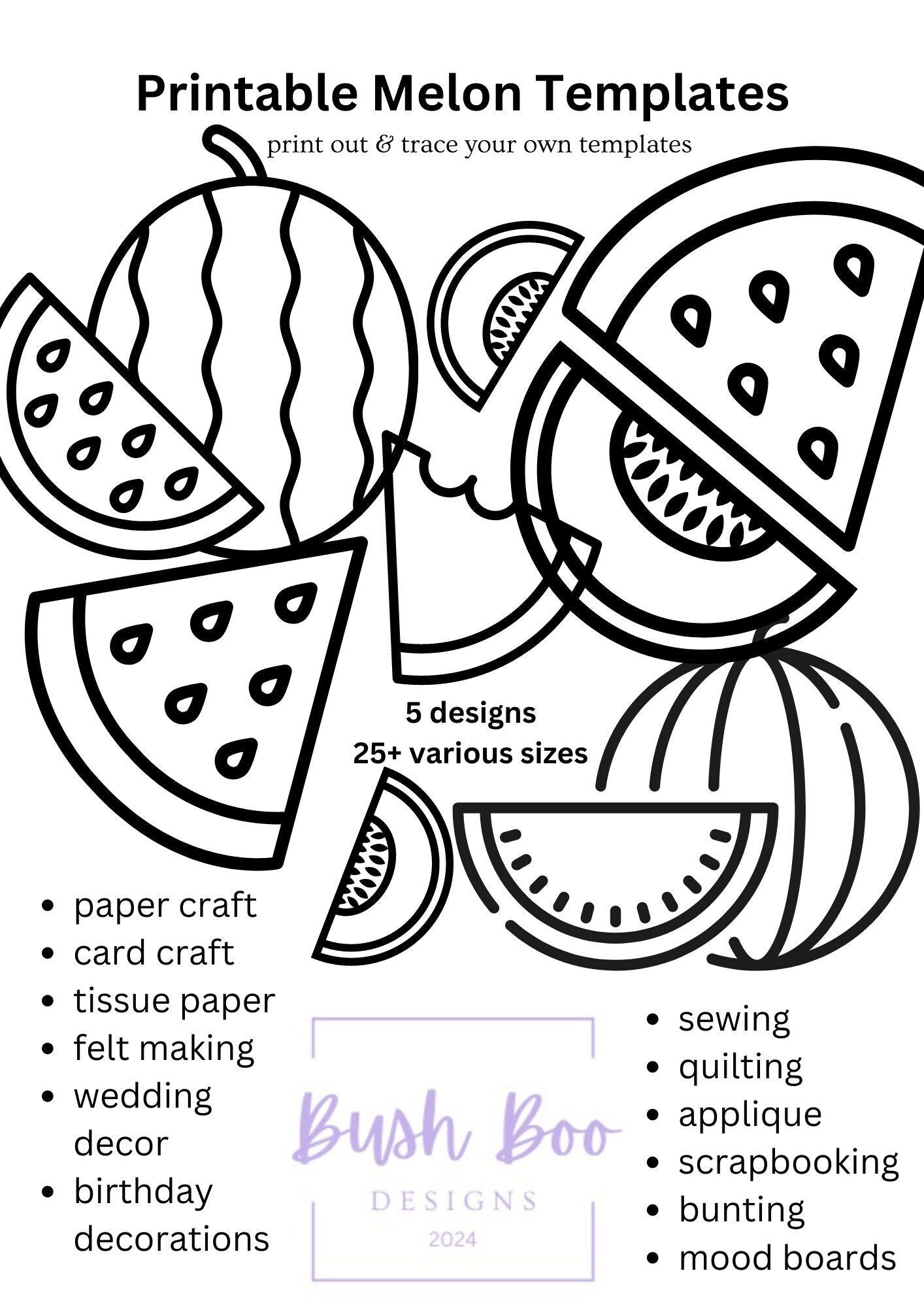 Melon templates for tropical art 6 page fruit templates paper craft project INSTANT PDF download fruit craft project kids craft activity